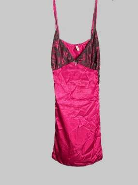 George Fuchsia Pink Satin Chemise Nightie with Black Lace Trim and Bow